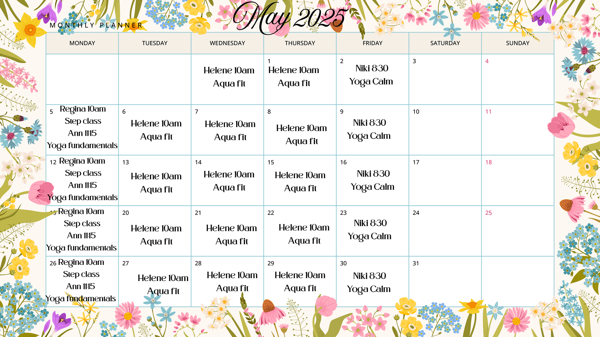 Fitness Class Schedule May 2025